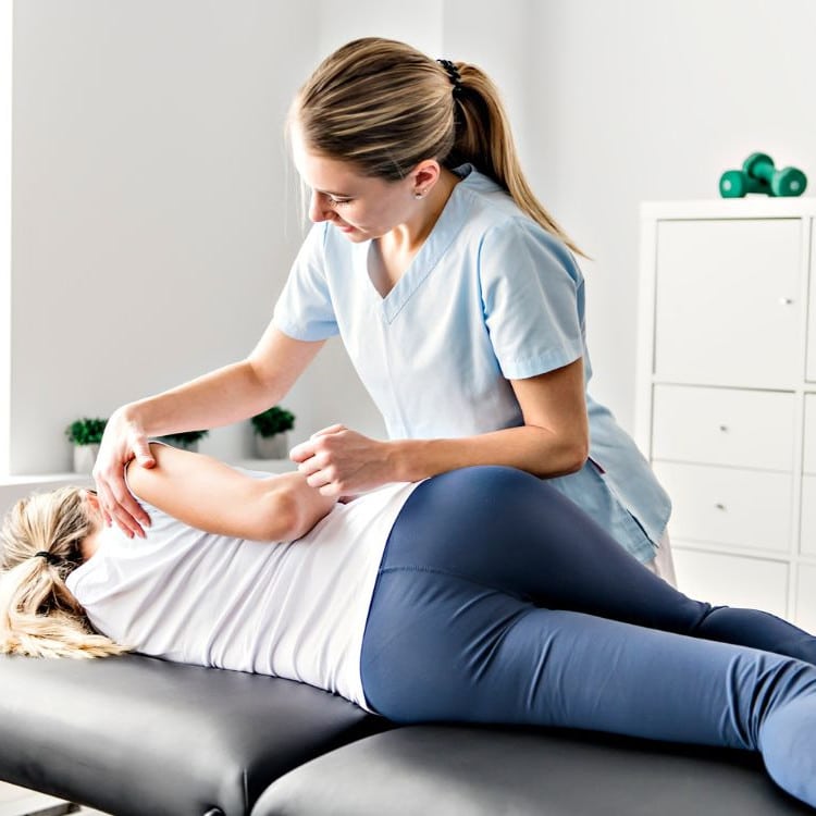Physiotherapist treating a patient's shoulder in a Glasgow clinic