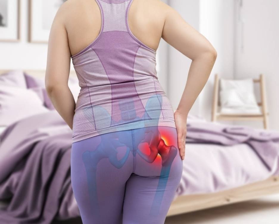 Woman with hip pain highlighted in red
